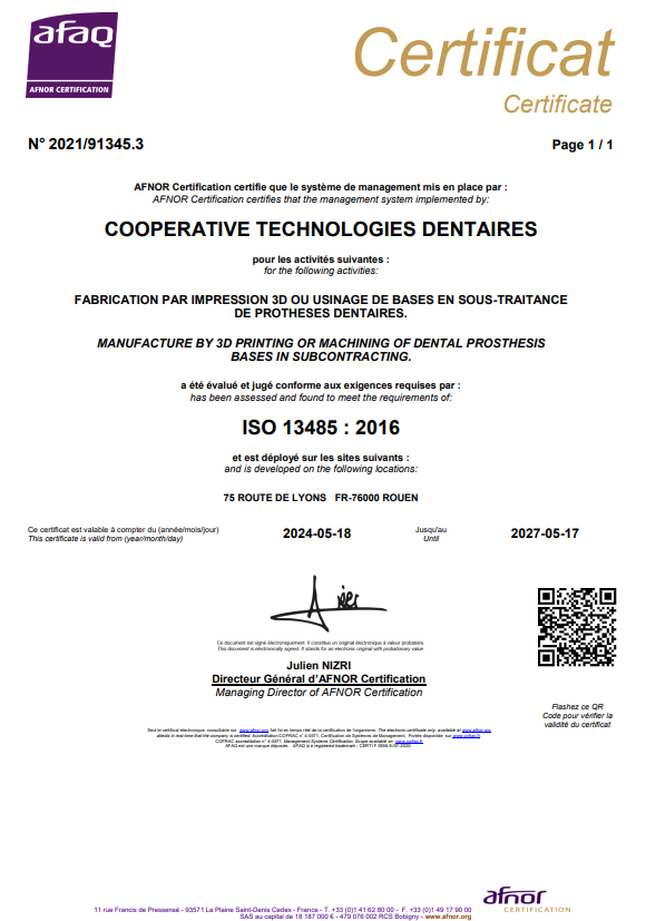 Certification ISO 13485:2016 pour la qualité des prothèses dentaires CTD